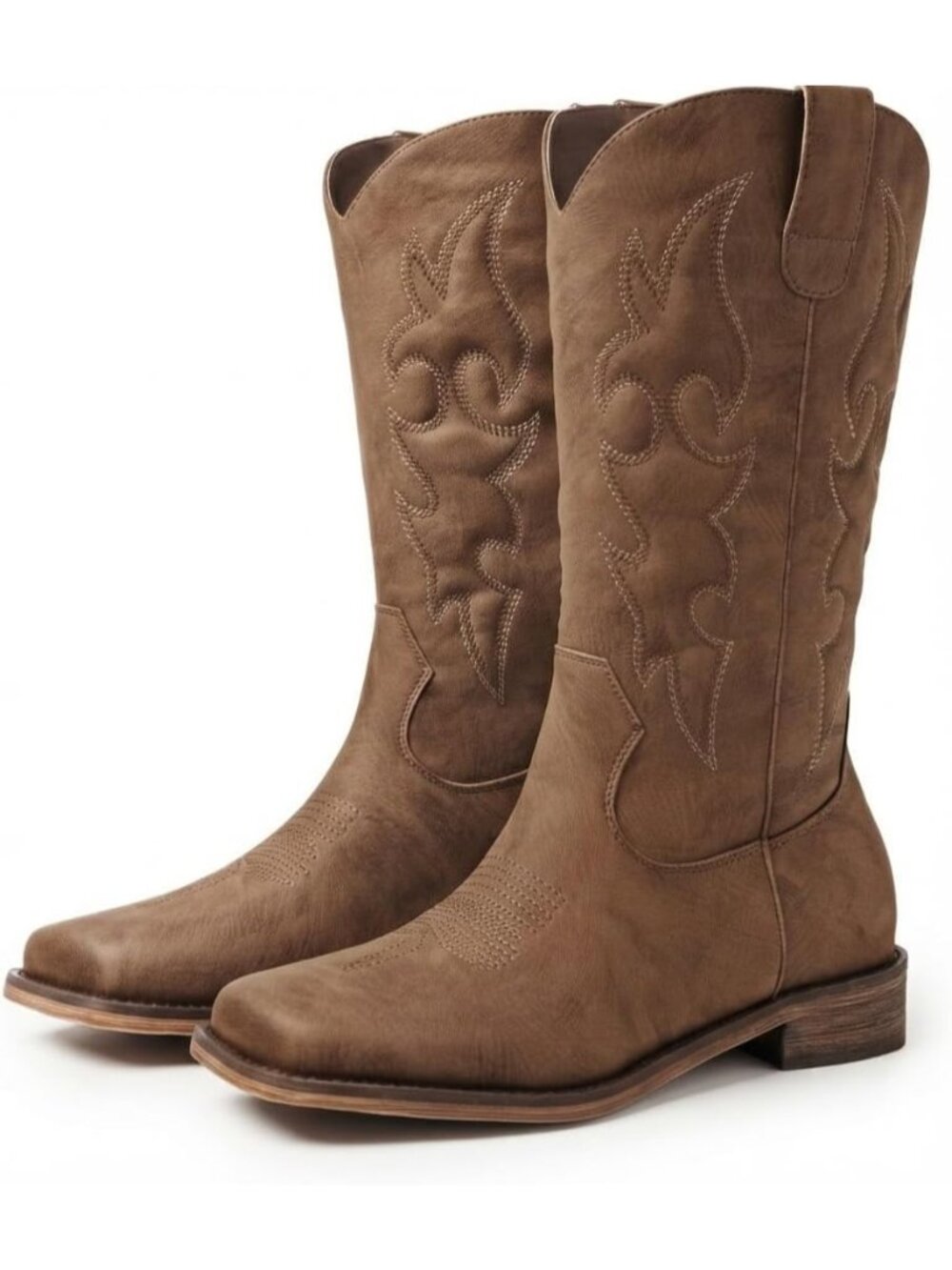 Women's Brown Square Toe Mid Calf Western Cowgirl Boots Pull On Low Chunky Heels